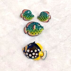 Vintage 80's Artisan Made Glazed Ceramic Fish Earrings And Brooches